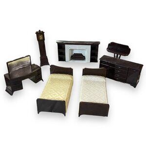 Vintage Dollhouse Bedroom Furniture Lot Clock Fireplace Bed Desk Plasco
